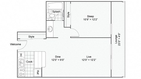 Floor plan for 1 bed, 1 bath, 700 sqft